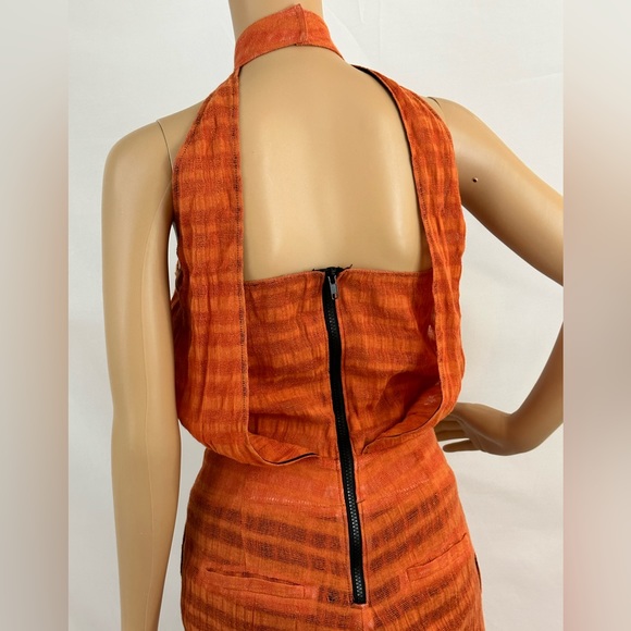 Unknown Designer? Orange Striped Jumpsuit Choker Neck Deep V Flared Legs… - Picture 7 of 11